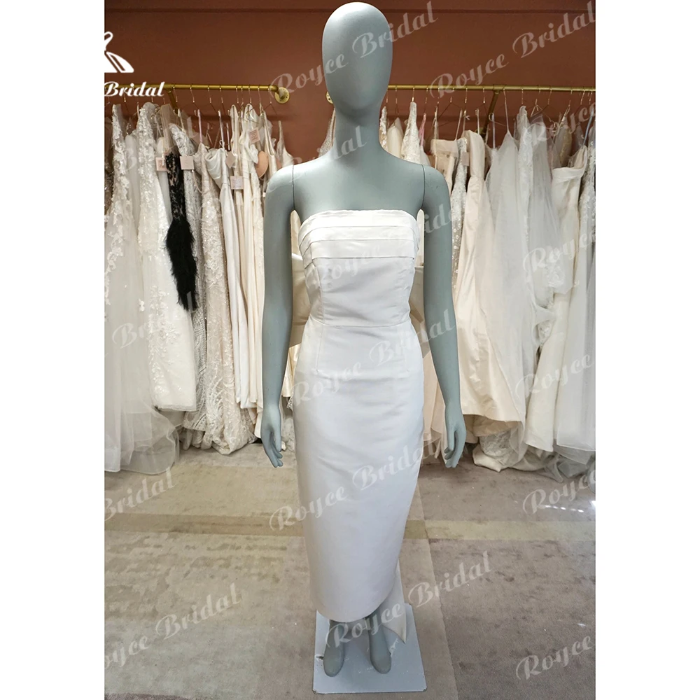 Simples Sexy Strapless mangas Open Back Bow Plissado Cetim Curto Sereia Vestido de Noiva Praia Vestidos De Novia