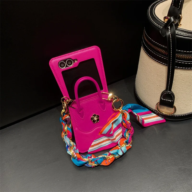 Etui na telefon Deluxe PU Leather Handbag 3D Flower do Samsung Galaxy Z Flip 6 5 4 3 Etui na telefon Zflip5 flip6 Premium Silk Scarf Case — zdjęcie produktu 4
