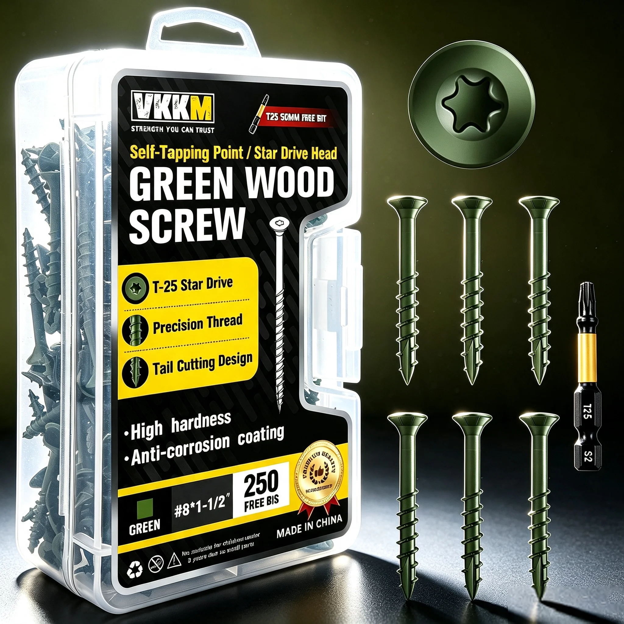 VKKM Green T25 Torx Wood Screws #8 X 1-1/2 Inch, 250 PCS Countersunk Head Self-Tapping Screws With Cutting Tail, Anti-Corrosion, Come With T25 Bit for Outdoor Deck Woodworking