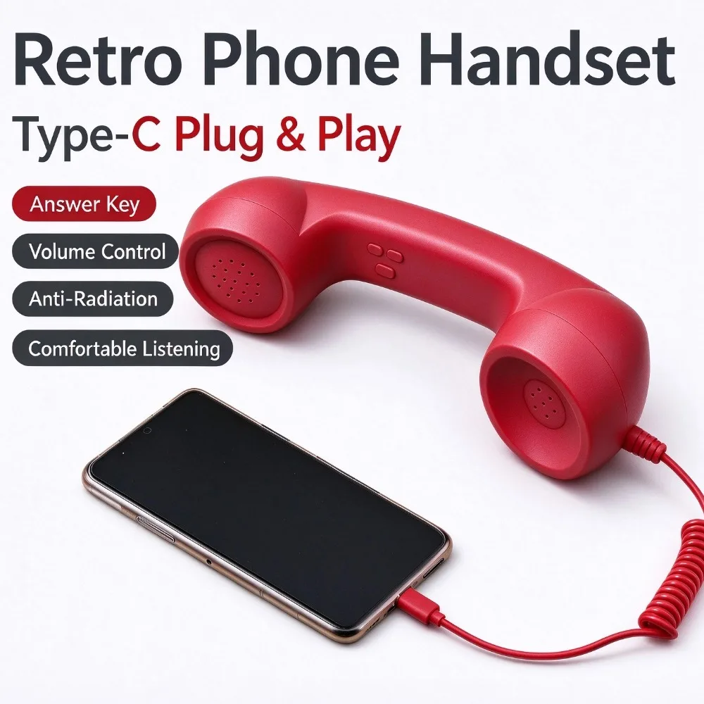 Vintage Phone Handset For Smartphone With Answer Volume Button Type-C Retro Telephone Receiver Anti-radiation Handset