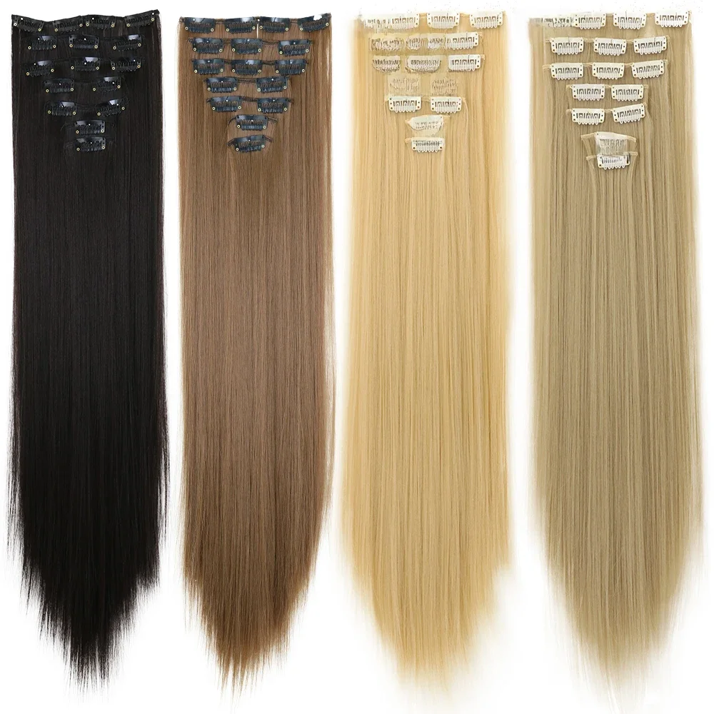 LANSA 7Clips Lange gerade synthetische Clip-on-Haarverlängerungen Cheveux Clip Naturel Hochtemperaturfaser Schwarzbraunes Haarteil