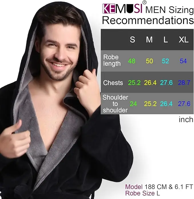 رداء حمام رجالي ناعم بغطاء للرأس بطول كامل، مريح بطول كامل، فستان نوم دافئ #4