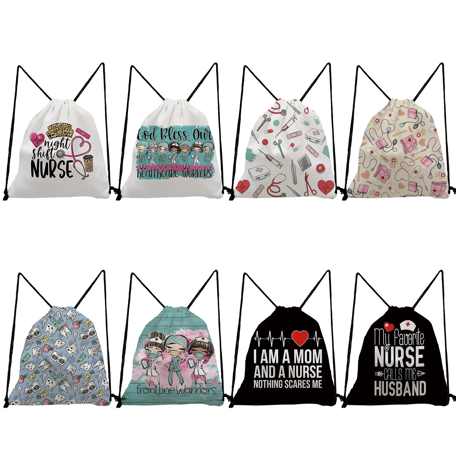 Customized Cartoon Dentist Nurse Print Backpacks for Students Heat Transfer Fashion Drawstring Pocket Portable Storage Shoes Bag