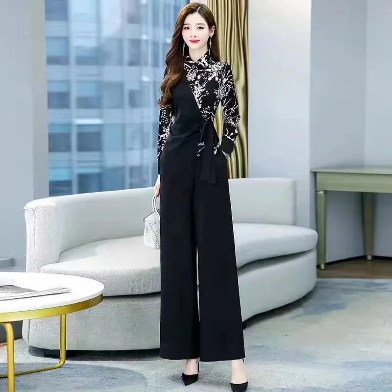 

Spring 2023 New Fashion Bandage Long Sleeved Top Printed Two Piece Set Wide Leg Pants Set Women