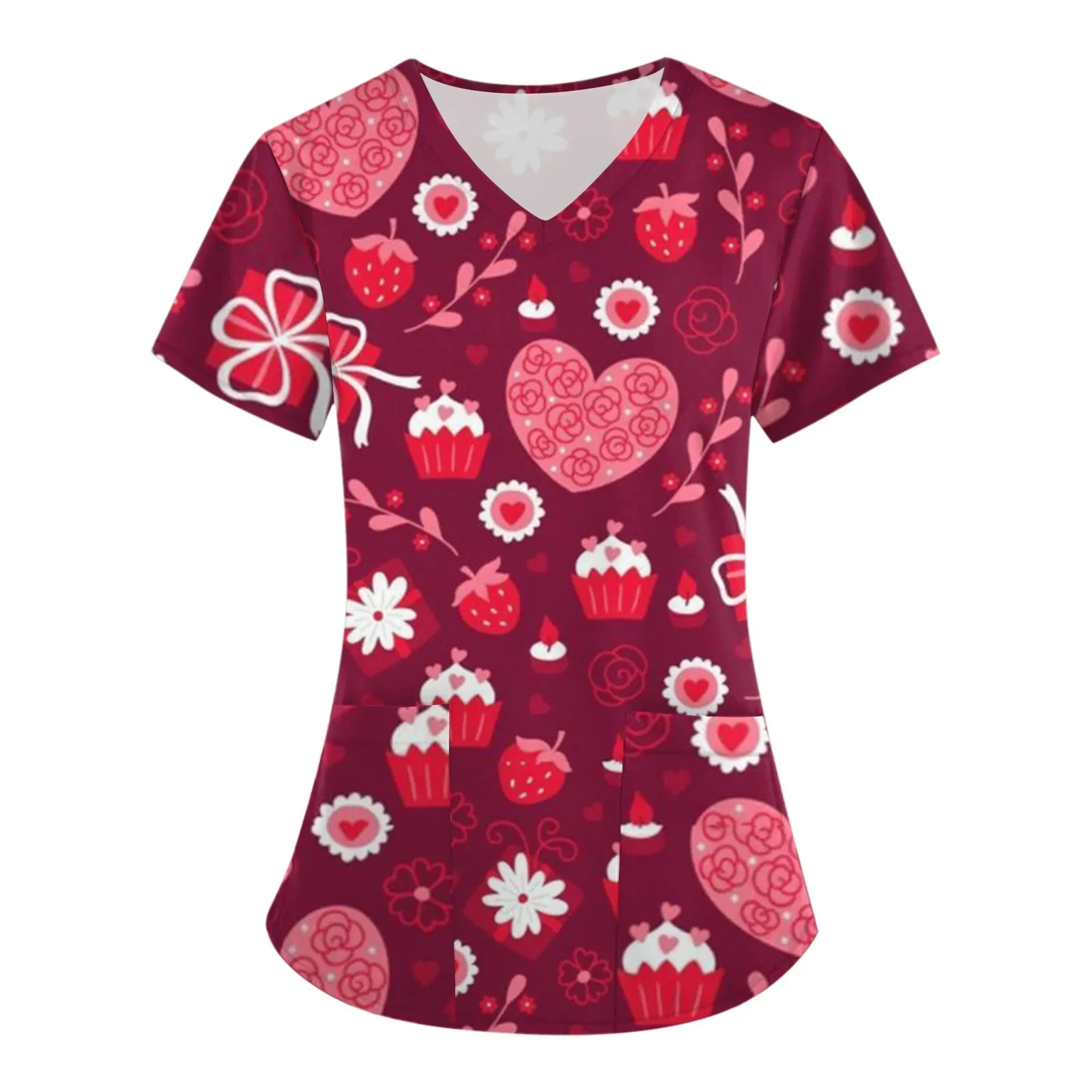 Women Working Uniform Smile Heart Print Short Sleeve V-Neck Pocket Design Tops Scrubs Medical Clinical Uniforms Women's Blouse