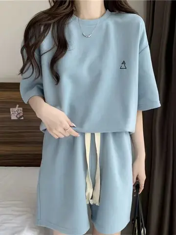 숙녀 여름 얇은 느슨한 대형 반팔 반바지 솔리드 컬러 캐주얼 모든 경기 스포츠 스타일 투피스 세트