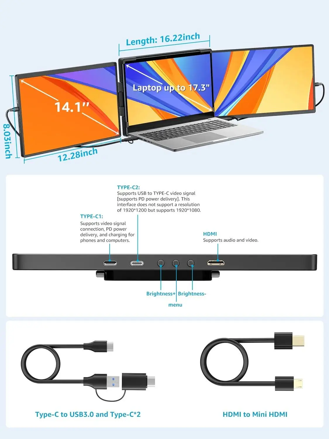 Imagem -06 - Dopesplay 14.1 Monitor Portátil Triplo para Laptop 1200p Fhd Ips Extensor Tela Tipo-c Usb para pc Switch Mac Laptop até 17.3