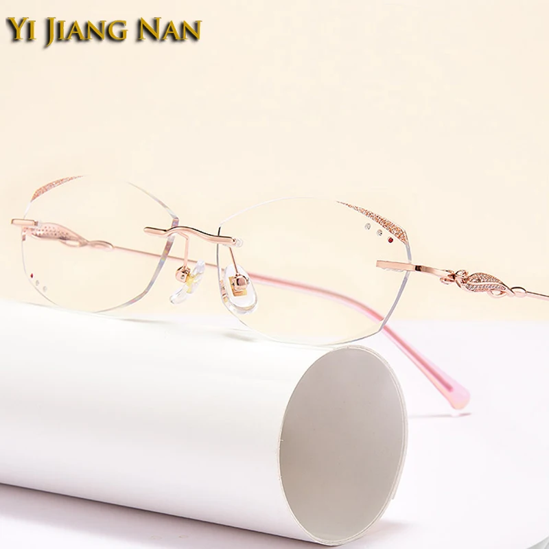 Women Titanium Diamond Trimmed Optical Glasses Frame Transparent Lens Lightweight Fashion Eyeglasses Rimless Eyewear