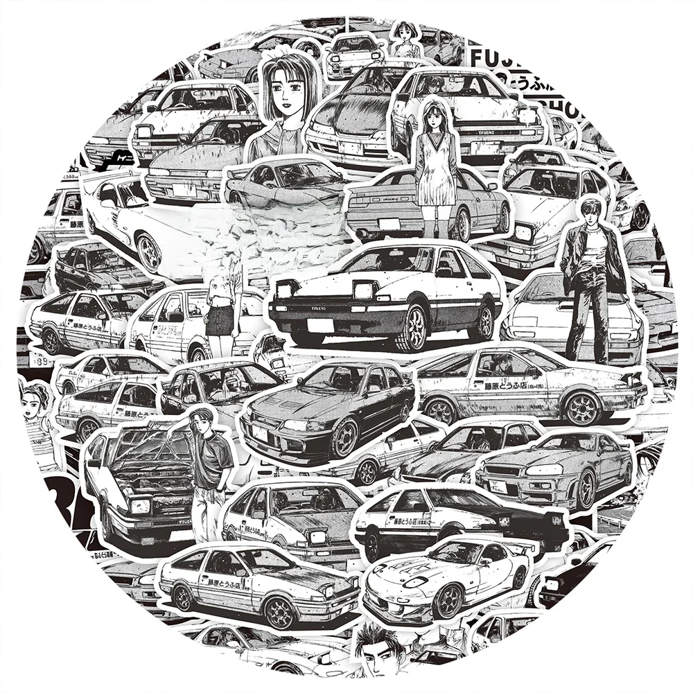 AliExpress Bandai 10/30/75PCS Anime Black White Initial D Stickers Graffiti Funny Kids DIY Decals Gift Toy for Wall Notebook Bike Cartoon Sticker