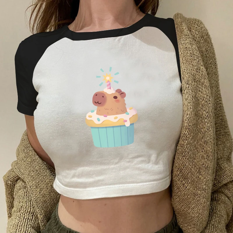 Capy Birthday T Shirt Cute Capybara Cartoon Print Crop Tops Fashion Streetwear O-Neck Women's Short Tshirt Casual Y2K Baby Tees