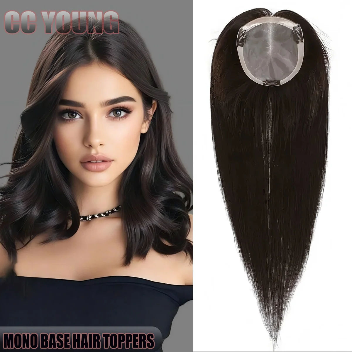 

Durable Human Hair Toppers Fine Mono & Pu Base With Clips on Breathable Hairpieces System for Covering Grayish or Thinning Hair
