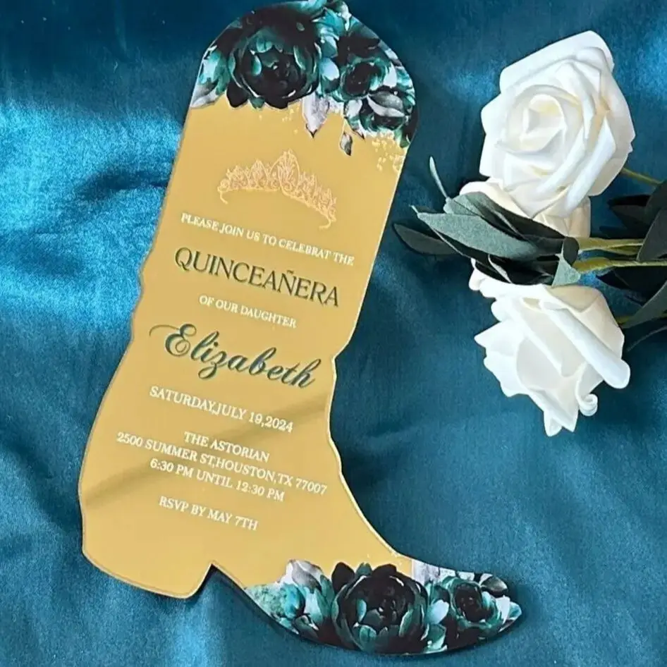 10pcs Mirror Gold Acrylic Quinceanera Invitation Boot Shape Birthday Invite Personalized Party Favor Gift Decoration