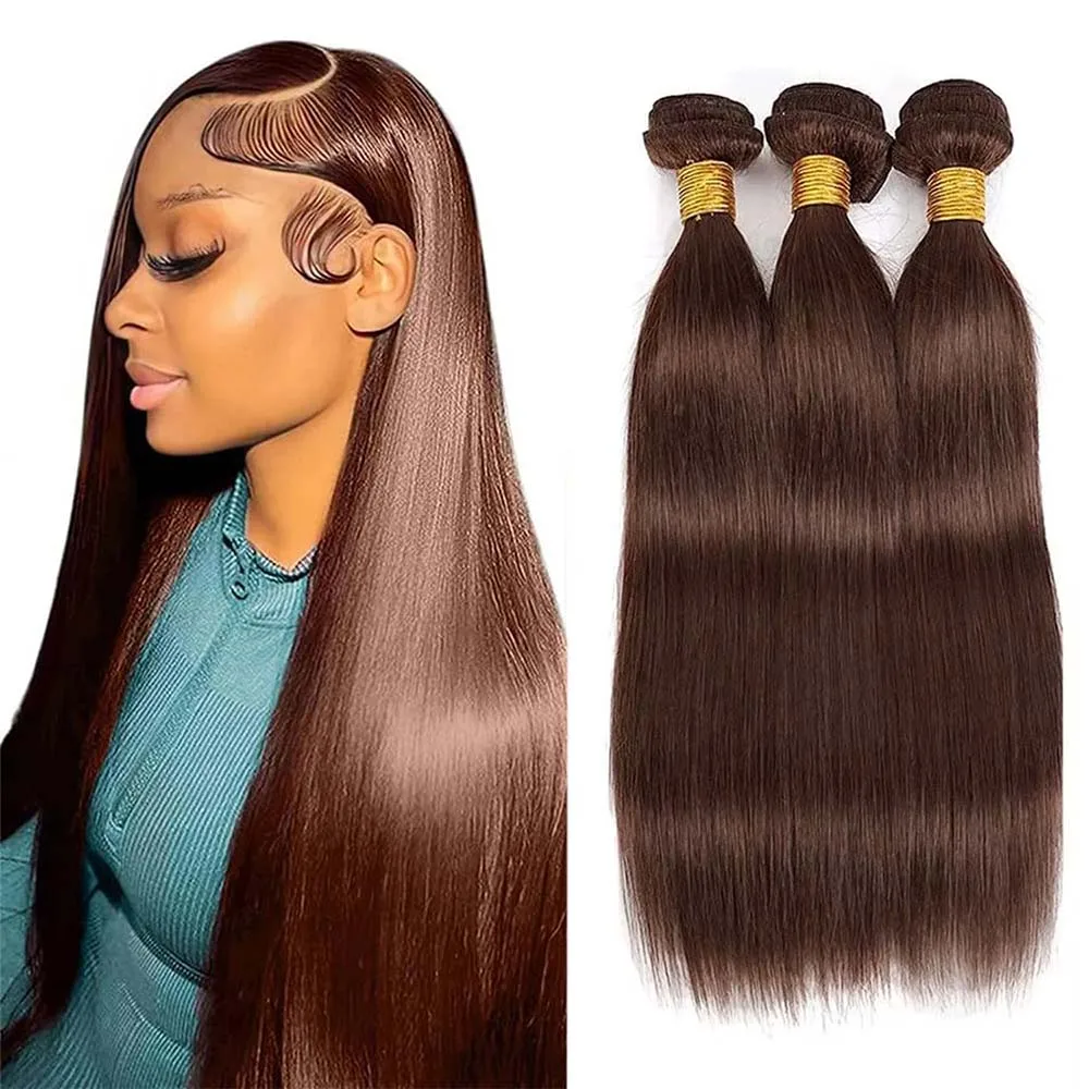 شعر بشري مفرود 1 3 حزمة بني # 4 وصلات شعر بشري بكر غير معالج بلون الشوكولاتة، لحمة مزدوجة للنساء