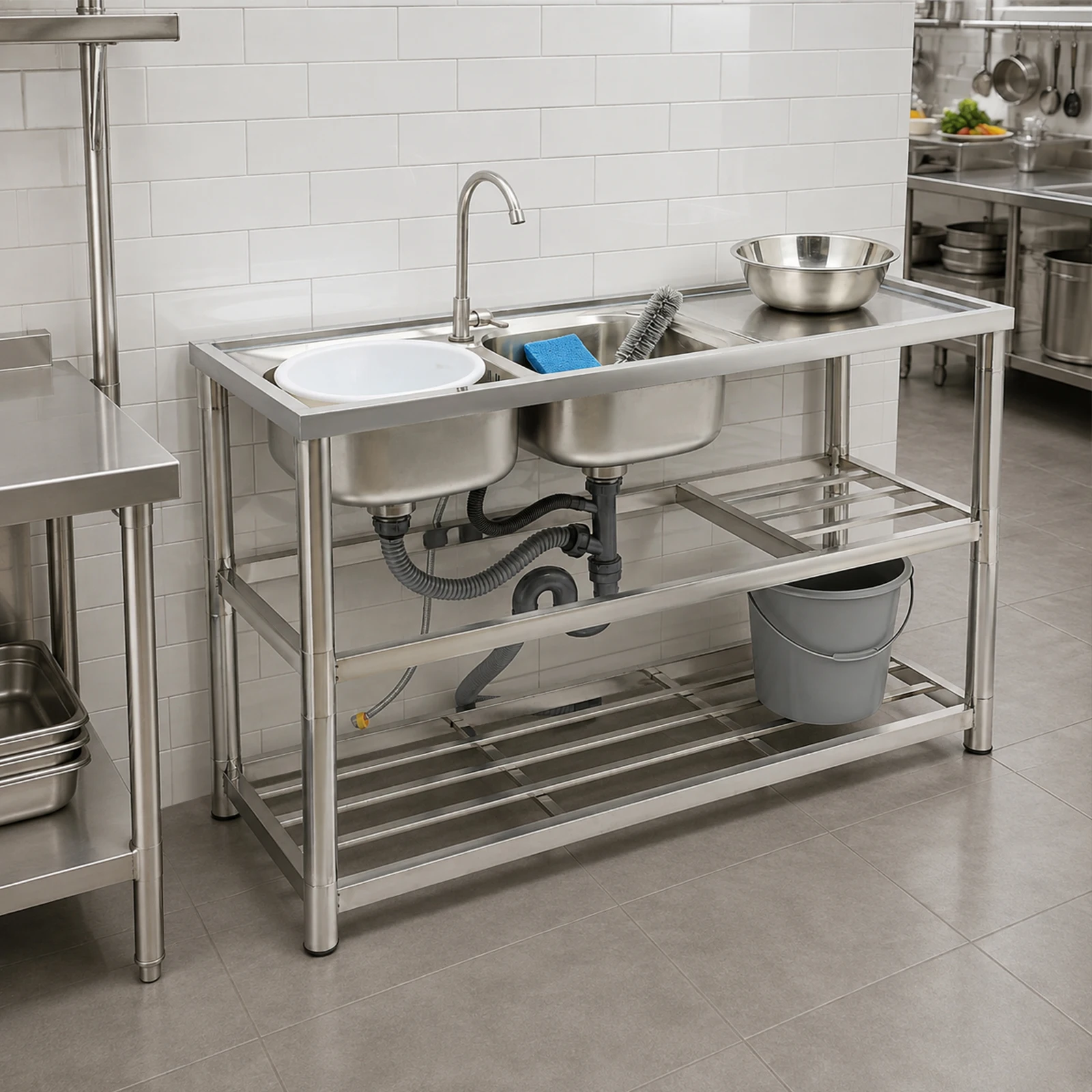 Free Standing Stainless-Steel Double Bowl Commercial Restaurant Kitchen Sink Set with Faucet & Drainboard, Prep & Utility Washing Hand Basin with Workbench & Double Storage Shelves Indoor Outdoor