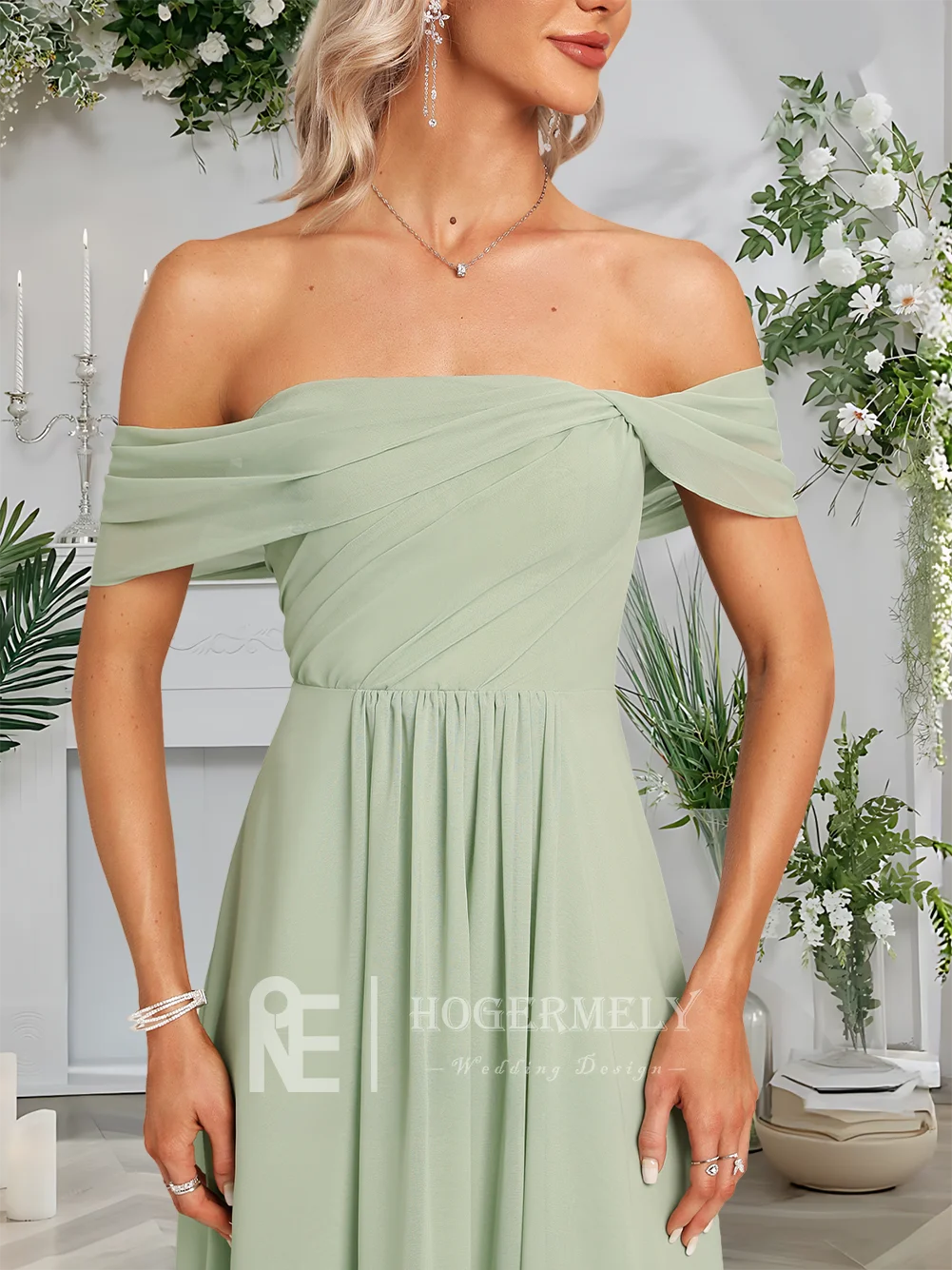 B Elegantes, schulterfreies, bodenlanges Chiffon-Brautjungfernkleid von Celadon mit Rüschen, Cocktailpartykleid für Hochzeitsgäste
