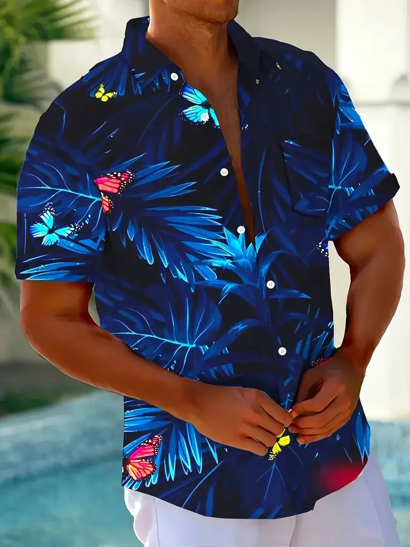 

Car Summer Logo Printed Mature Men's Color Block Short Sleeve Button Shirt Flip Collar Quick Drying Love Car Men's Hot Sale