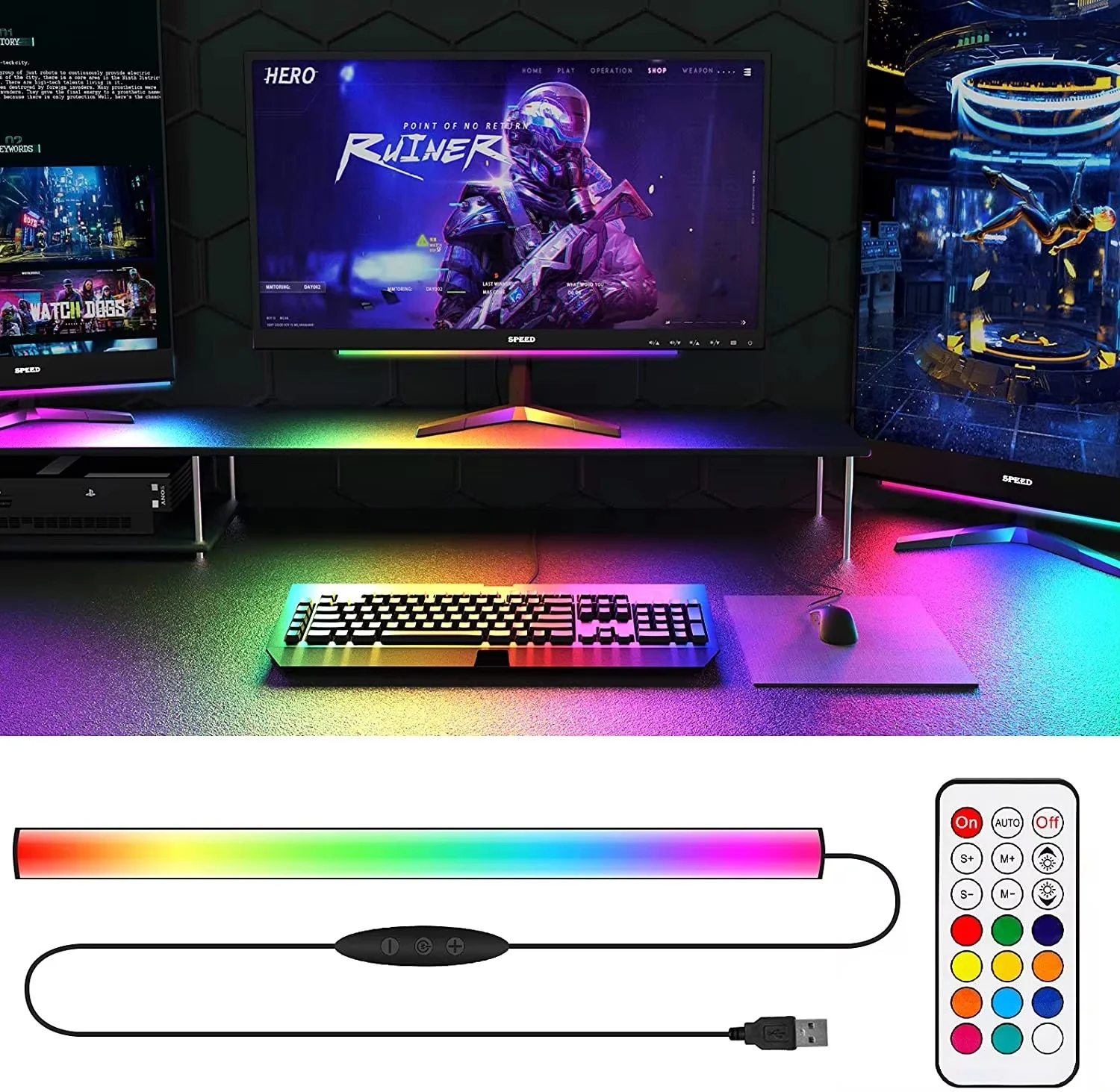 Desk Setup One Monitor - Onder de monitor RGBIC-lichtbalk USB Dreamcolor-achtergrondverlichting