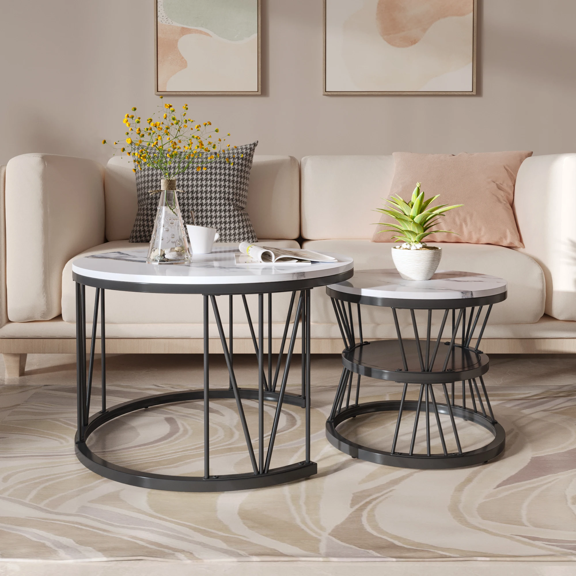 Anajqaqia, set di 2 tavolini da caffè rotondi in stile moderno, tavolino da caffè con effetto marmo, tavolino laterale con struttura in metallo, ideale per il soggiorno.