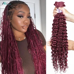 Allove 99J Burgundy Bulk Human Hair For Braiding Brazilian Deep Wave Bulk 1 3 4 Pieces Colored Remy Hair Extensions For Women