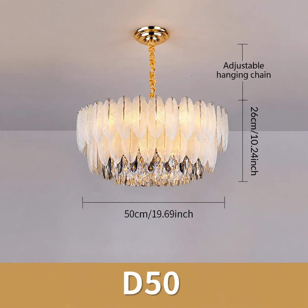 Gouden kroonluchter met kristallen en veren, moderne ronde en ovale hanglamp met glazen veren en kristallen elementen, E14, 50 tot 100 cm.
