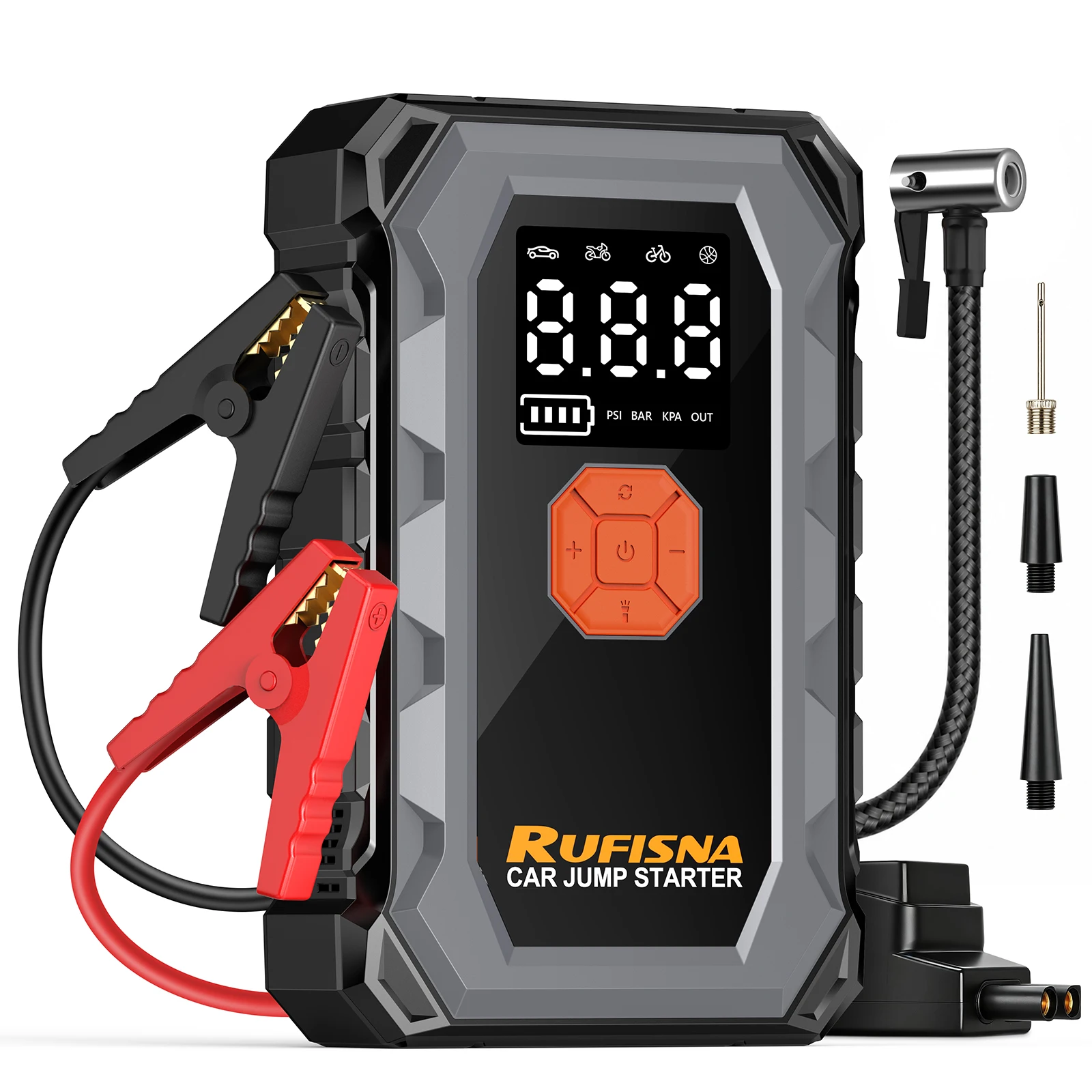 RUFISNA Car Jump Starter 3000A Peak 12V Portable ,150PSI Air Compressor Tire Inflator,All-in-One Emergency Battery Charger Power Bank,LED Flashlight,USB Output,Heavy Duty Booster for Gas Large-Displacement Vehicle,SUV,Truck,Roadside Emergency Rescue Kit