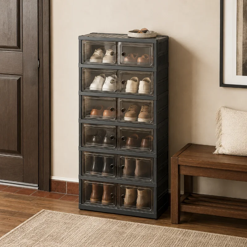 Foldable Shoe Storage Cabinet with Magnetic Clear Doors, 3/6/9-Tier Stackable Shoe Organizer for Entryway, Closet & Bedroom, Space-Saving Collapsible Sneaker Storage Rack with Wheels, Standard & Tall Compartments, Black view 6