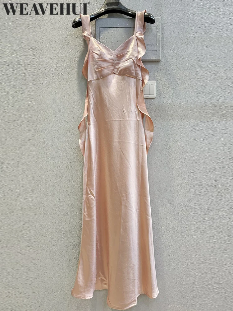 

WEAVEHUI Women V-Neck Sleeveless Ribbon Decorate Summer High Street Solid Backless Exquisite Premium feel Strap Dresses