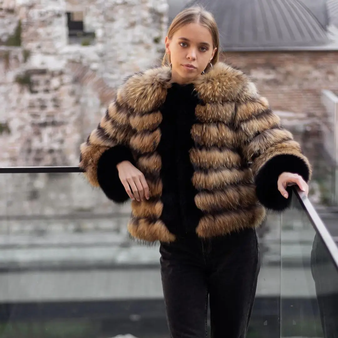 High Quality Women Real Raccoon Dog Fur Jacket Round Collar Long Sleeve Casual Woman Genuine Leather Fur Coats Luxury Outwear