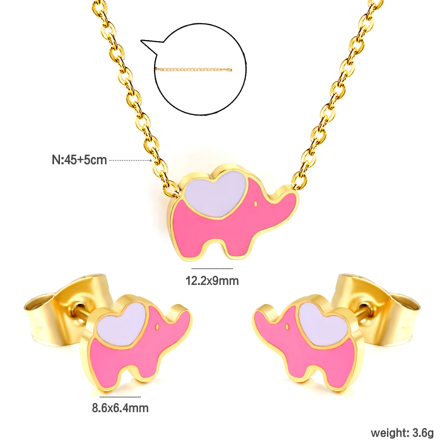 LUXUKISSKIDS Cute Pink Elephant Jewelry Sets Small Sakura Pendant Necklace Earrings Set Fairy Girls Steel Daisy Accessories Gift