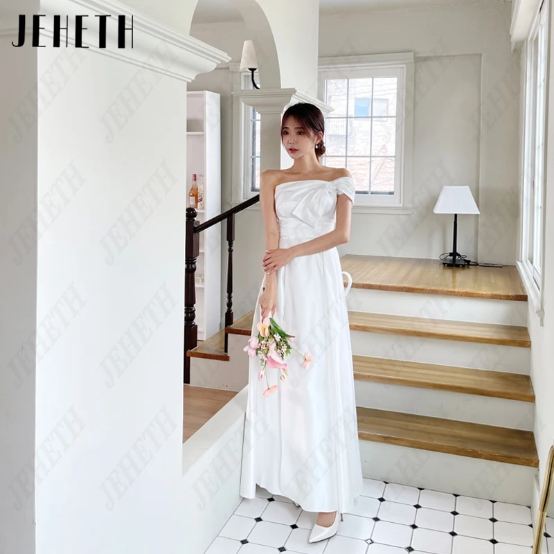 

JEHETH Bow One Shoulder Korea Bridal Gown Women Strapless Simple Wedding Dress A-Line Satin 웨딩드레스 Photography Pleat Ankle-Length