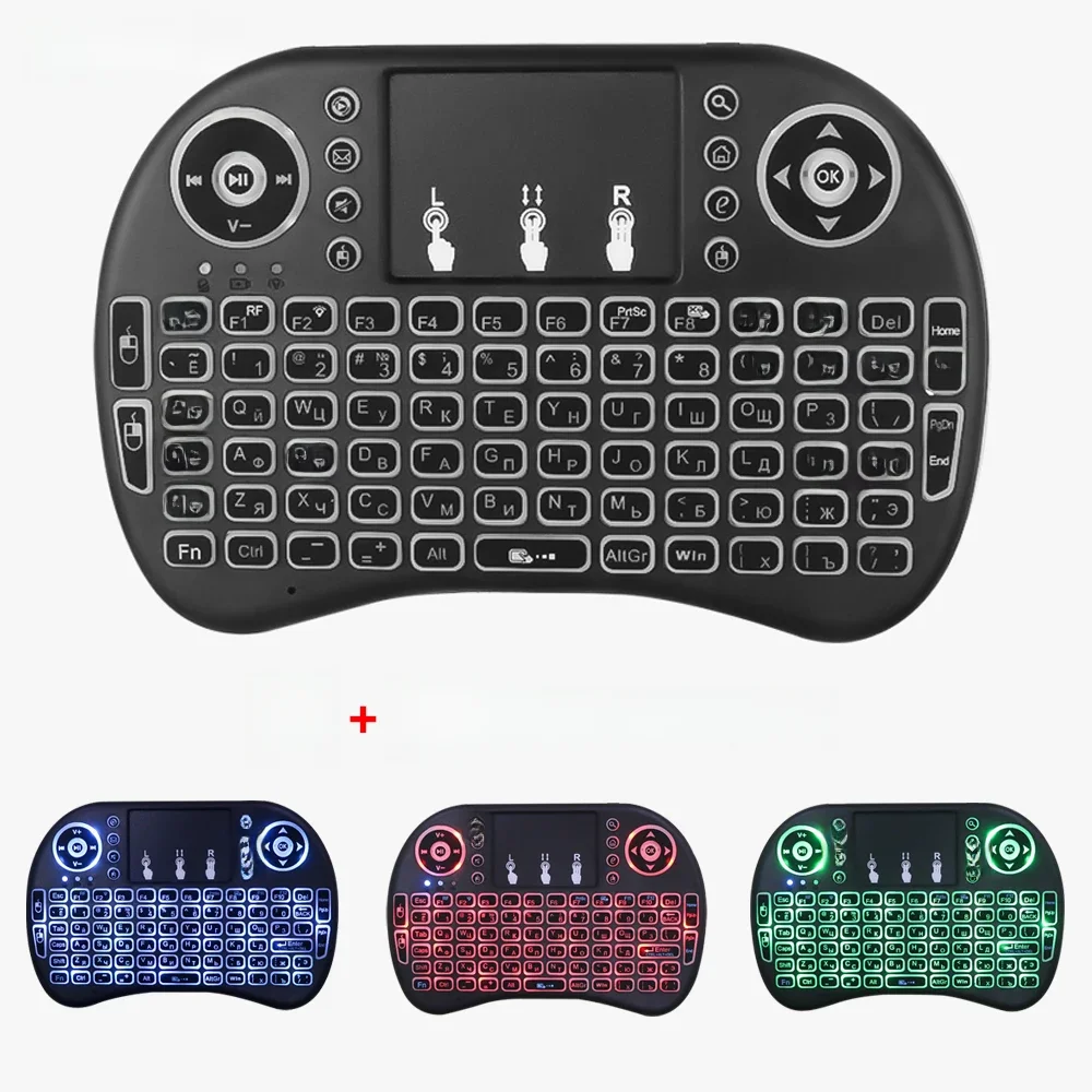Mini clavier sans fil i8, rétroéclairage pour 3 documents, 2.4GHz, souris aérienne en anglais et russe, avec télécommande TouchSub, pour PC et ordinateur portable