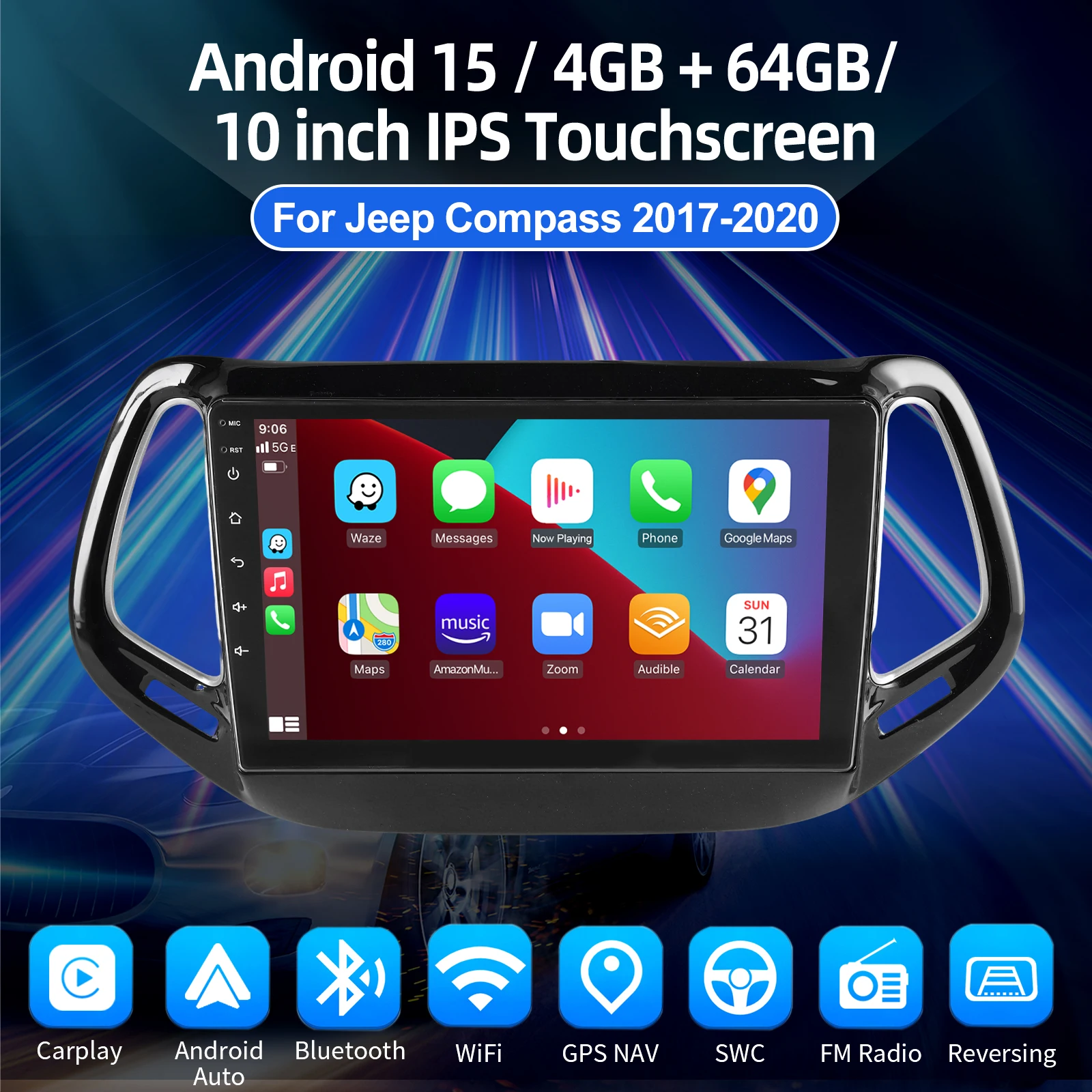 Autoradio ESSGOO Android 15 10 Zoll 4+64G/6+128G für Jeep Compass 2017-2020 Drahtloses CarPlay Android Auto GPS Navigation Bluetooth WiFi RDS Lenkradsteuerung Mirror Link Touchscreen – Detail 1