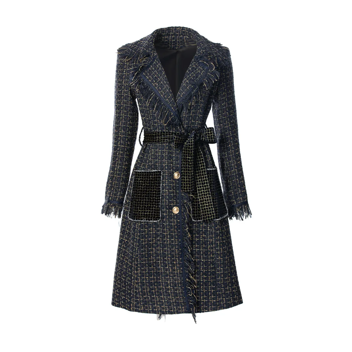 Plaid Jacket 2024 For Women Elegant Sashes Turn-down Collar Polyester Long Party Club Autumn