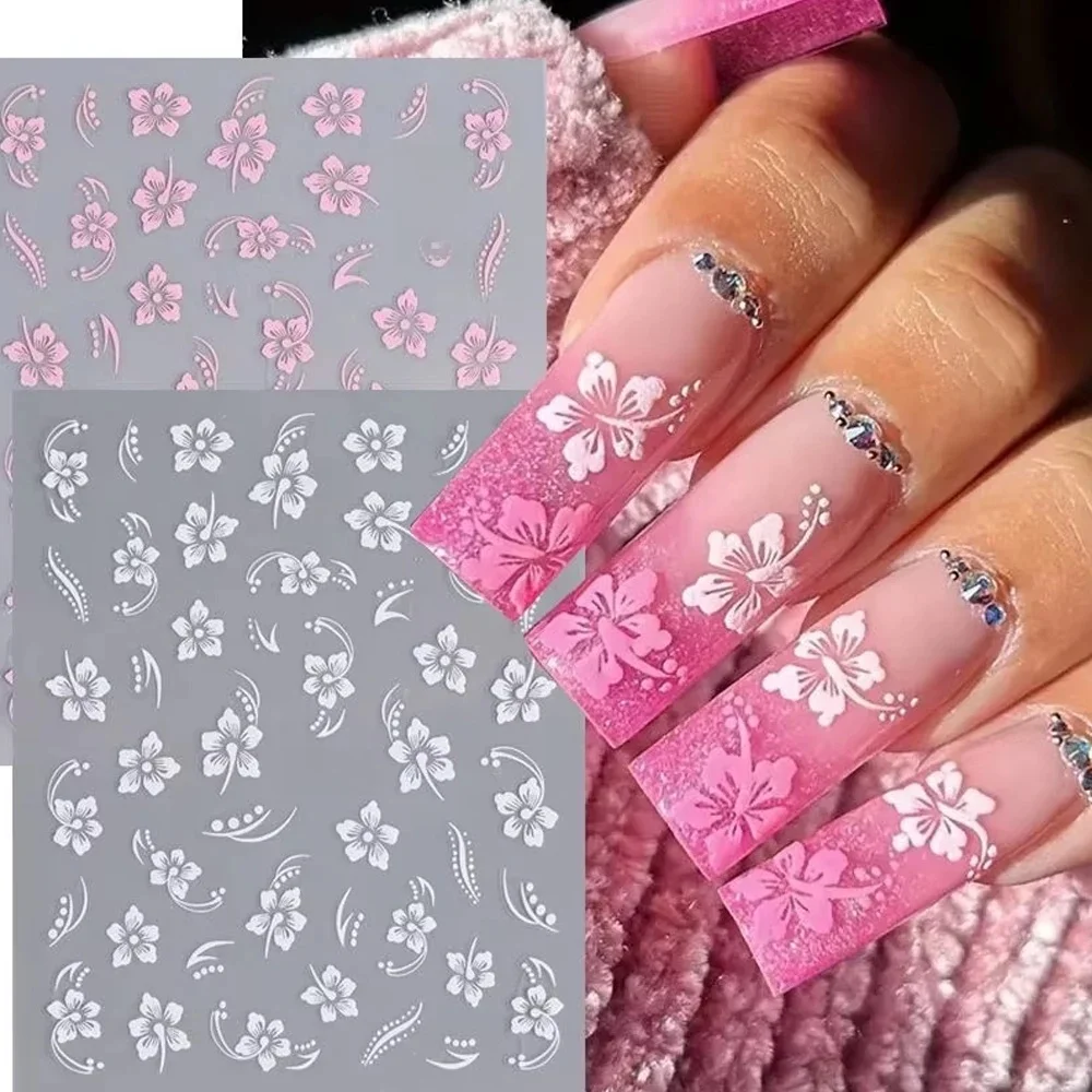 Autocollant en relief pour ongles, fleur d'hibiscus 5D, fleur en dentelle, pétale blanc rose, Floral, auto-adhésif, curseur pour Nail Art, bricolage élégant et romantique