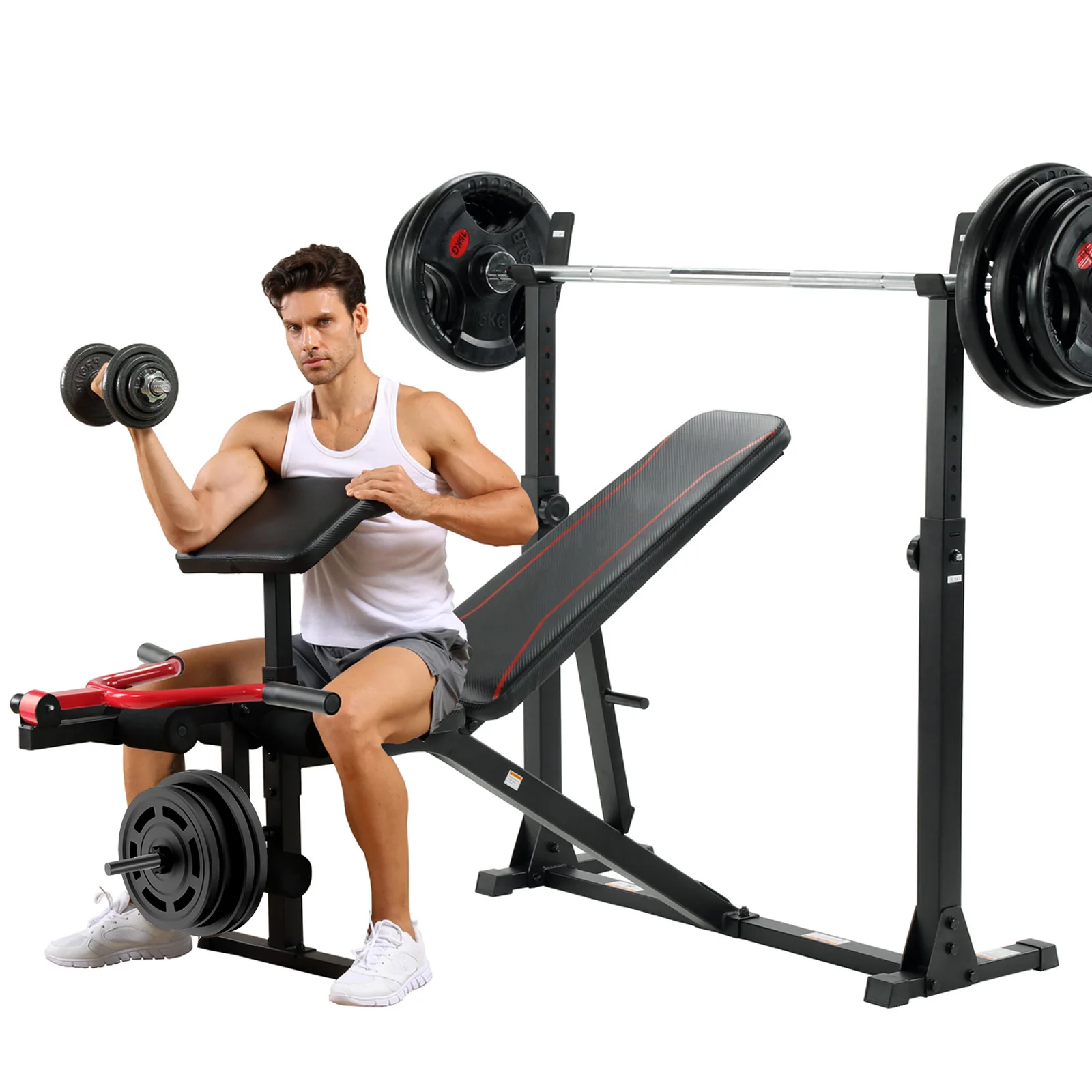 Adjustable Weight Bench Set, 900LBS Multi-functional Bench Press Set with Squat Rack & Preacher Curl Pad & Dual Function Leg Dev