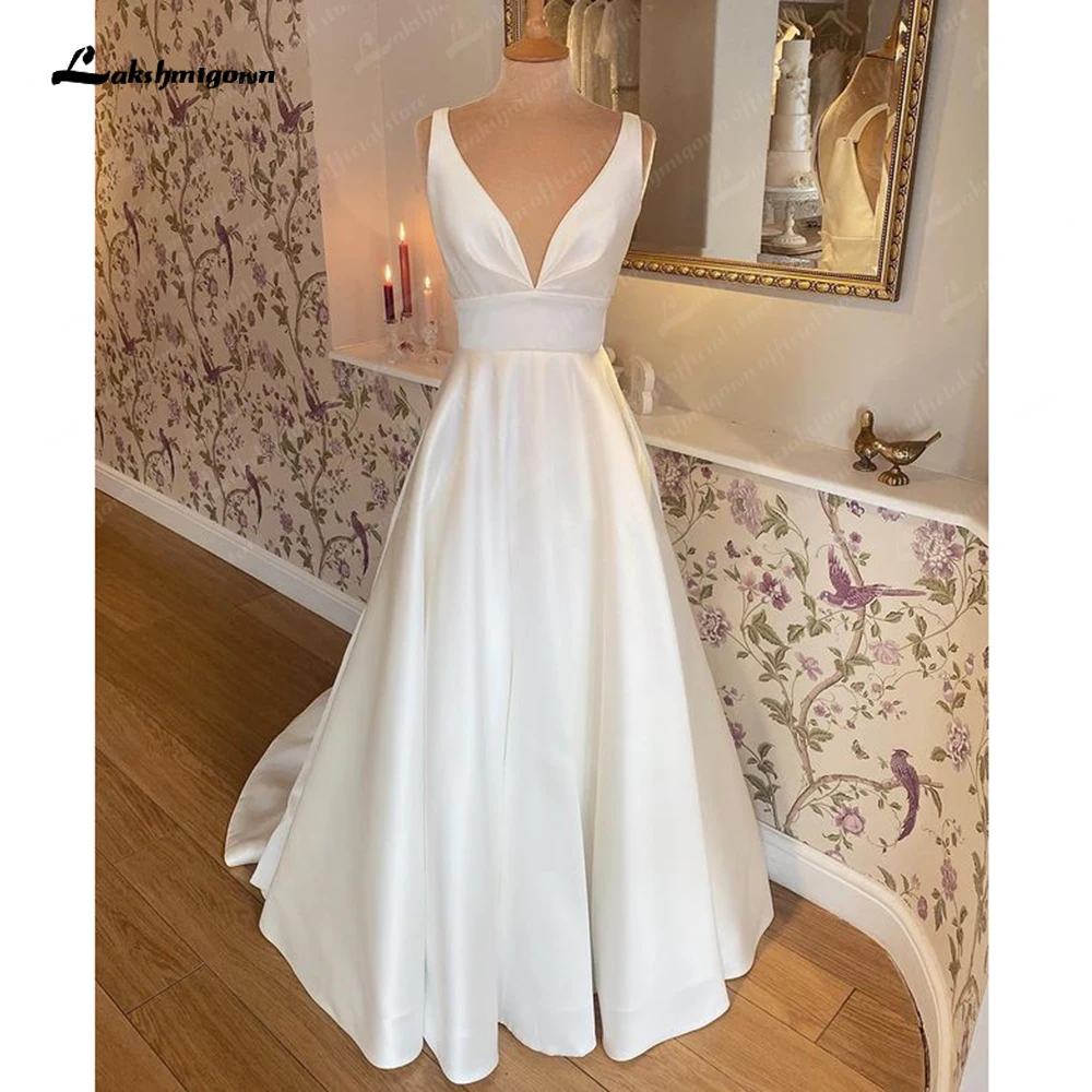 

Lakshmigown Simple Satin A Line Wedding Dress 2023 Elegant V Neck Bridal Beach Gowns Vestidos Boda Novia