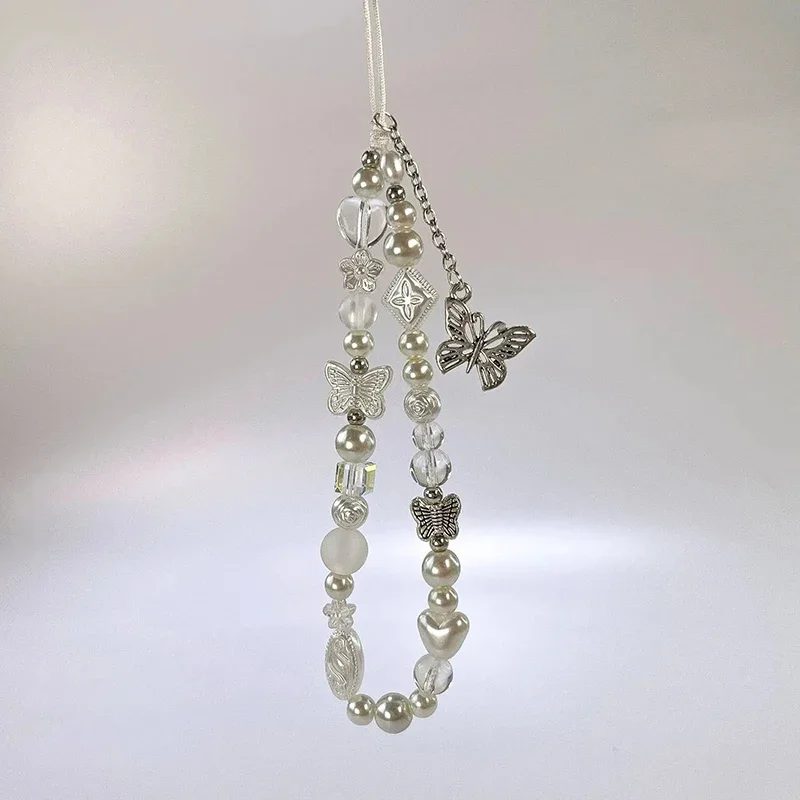 Mignon argent papillon perle porte-clés sur le téléphone charme mignon lanière téléphone portable sangle pendentif pour femme accessoires mobiles