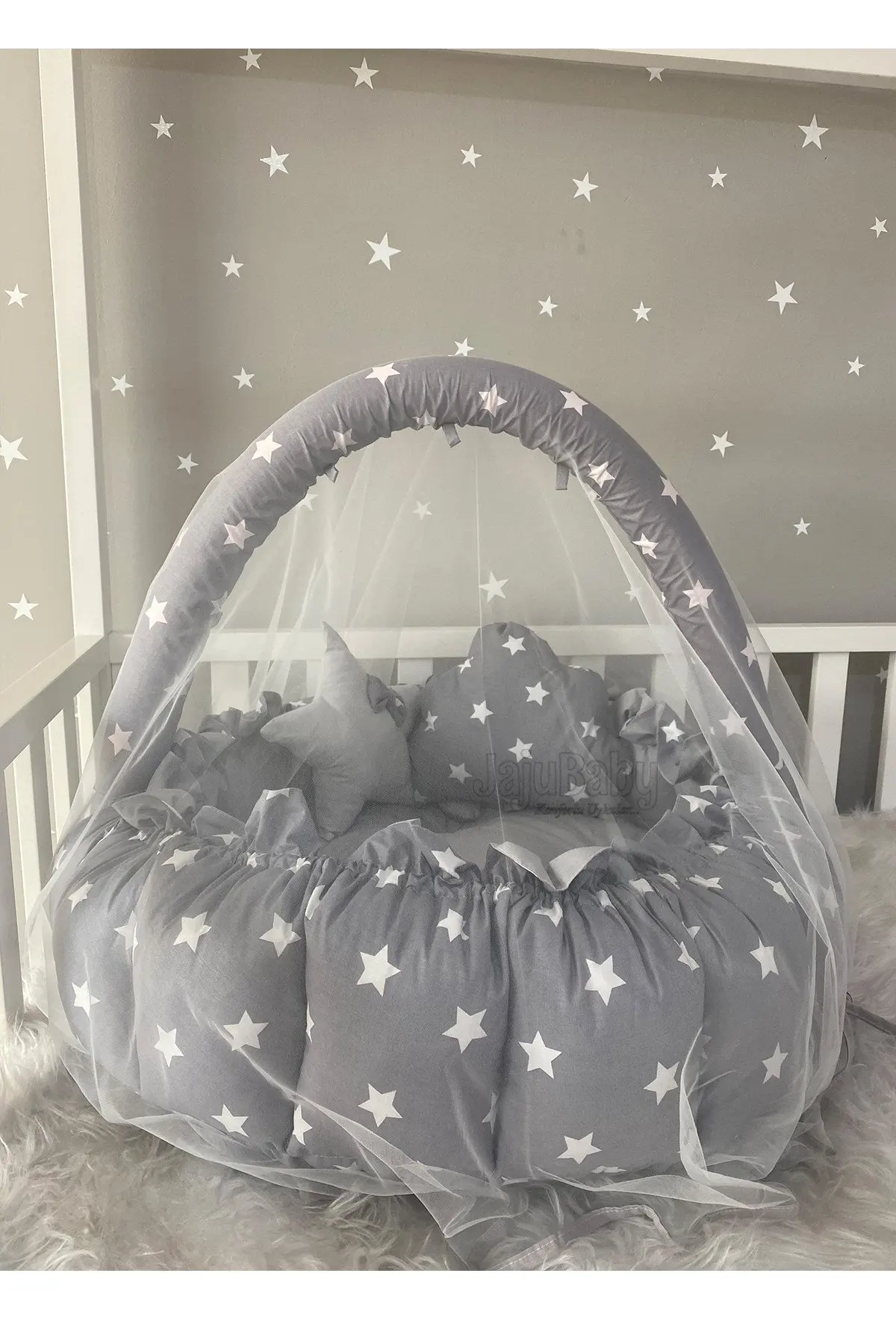 Handmade Gray Star Retractable - Collapsible Play Mat with Mosquito Net Apparatus Babynest