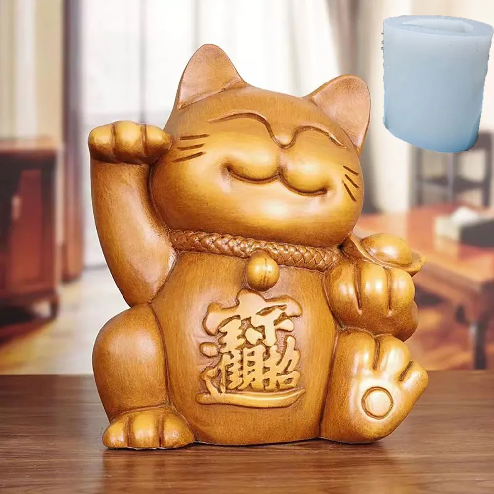 

DIY Lovely Fortune Cat Silicone Mold Desktop 3D Gypsum Cement Crafts Mold Tea Pet Cartoon Animal Concrete Candle Making Mold