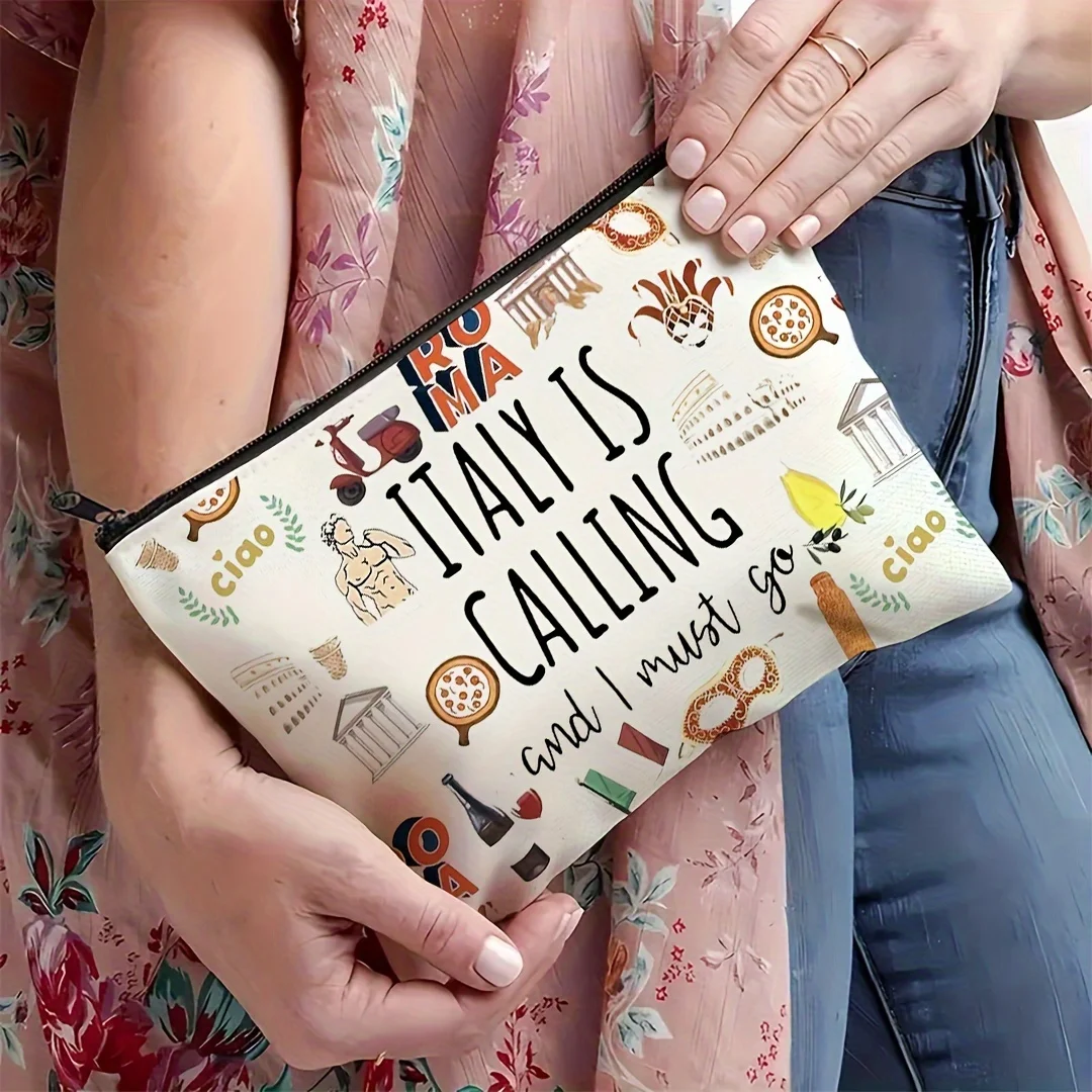 1Pc Italian-Style, Italian Landmark Retro Design Multifunctional Travel Makeup Bag, Snack Storage Bag, Stationery Storage Bag, Fashionable Toiletry Bag, Canvas Double-Sided Printed Zipper Pouch