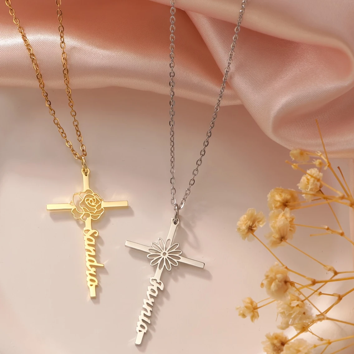 Kalung Nama Salib Bunga Kelahi - Birth Flower Necklace ulasan dan harga