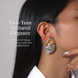 YAJUNIEL Two-Tone Sculpted Texture Stud Earrings 24K Gold & White Gold Plated Hypoallergenic Brass Abstract Earrings for Women