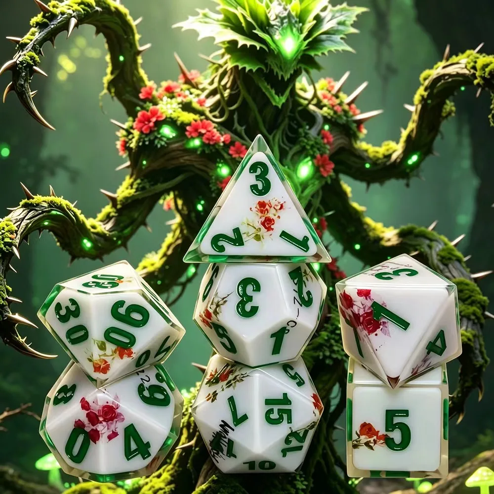 

7pcs jade flower polyhedron dice set, resin core acrylic-very suitable for Dungeons and Dragons RPG table games, Halloween Chris