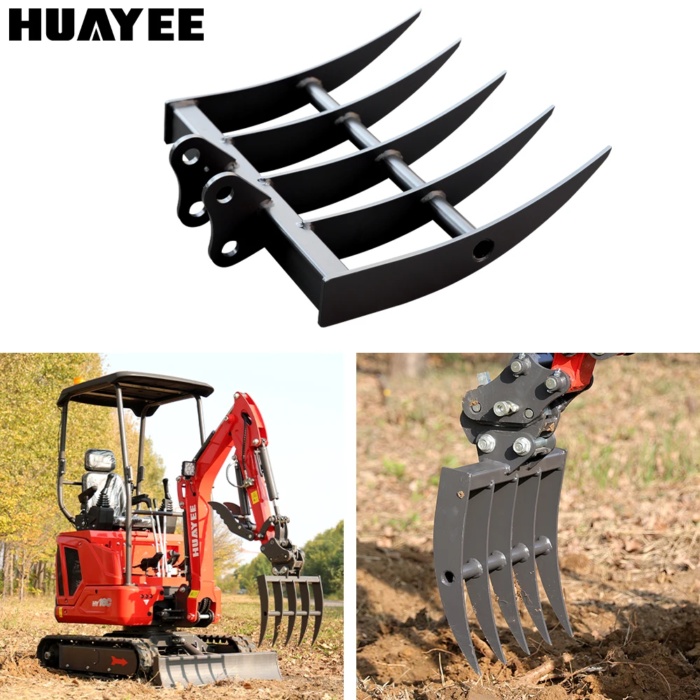 Acessório para ancinho de grama - adequado para escavadeiras pequenas, equipado com pinos livres, fácil de manusear para trabalhos de jardim e fazenda