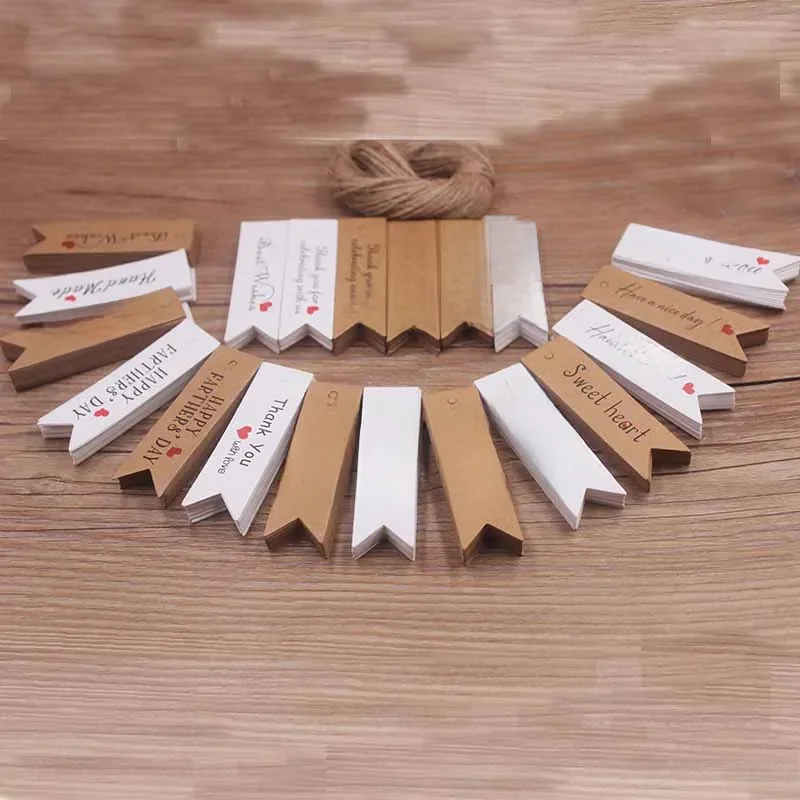 50 szt. 2x7cm brązowe/białe etykiety upominkowe z papieru pakowego z 10-metrową liną, etykiety papierowe ślubne z podziękowaniami, prysznice dla dzieci, etykiety świąteczne — zdjęcie 2