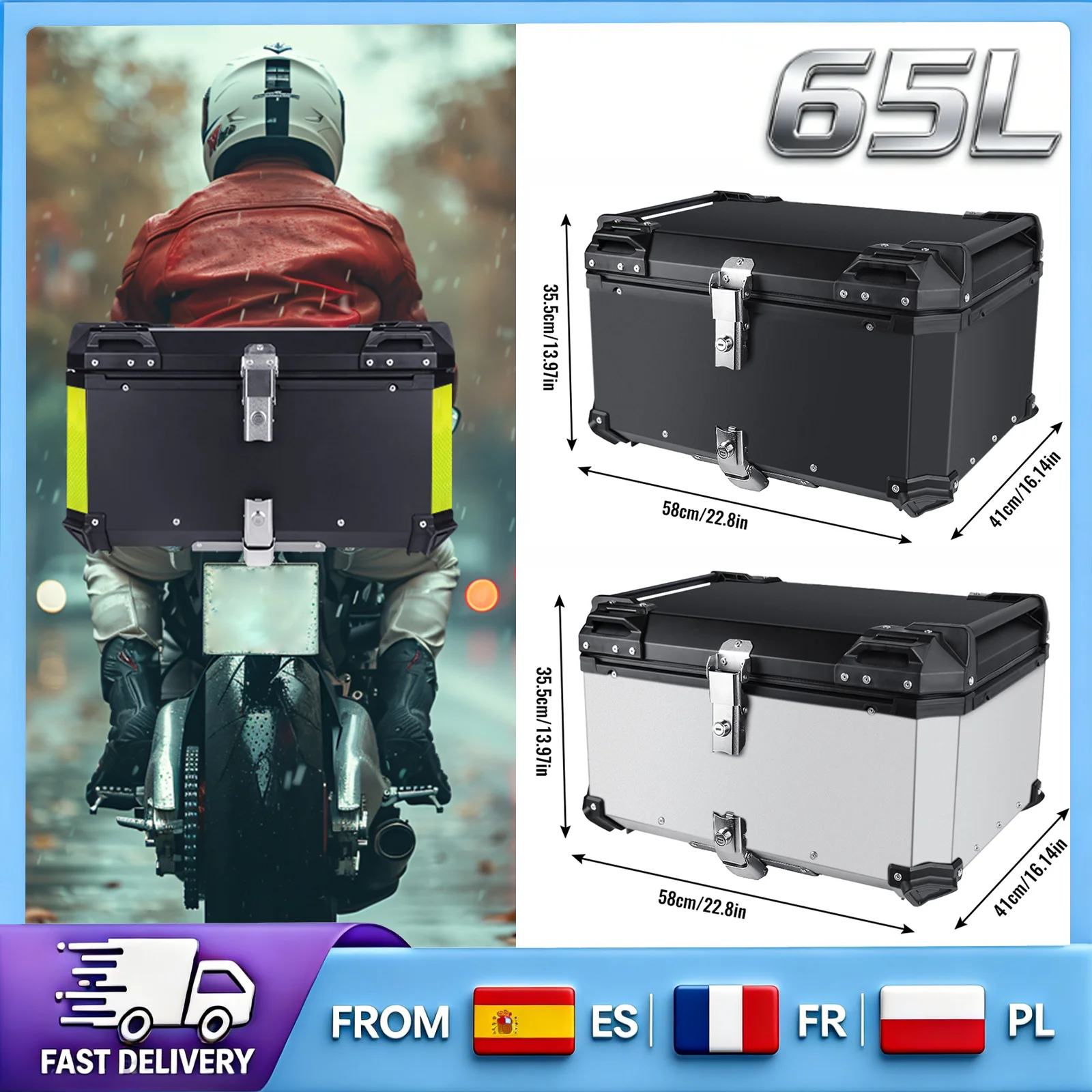 Coffre de moto en alliage d'aluminium 65L, conception étanche et anti-poussière, doublure en cuir amovible pour le rangement de casque et de bagages