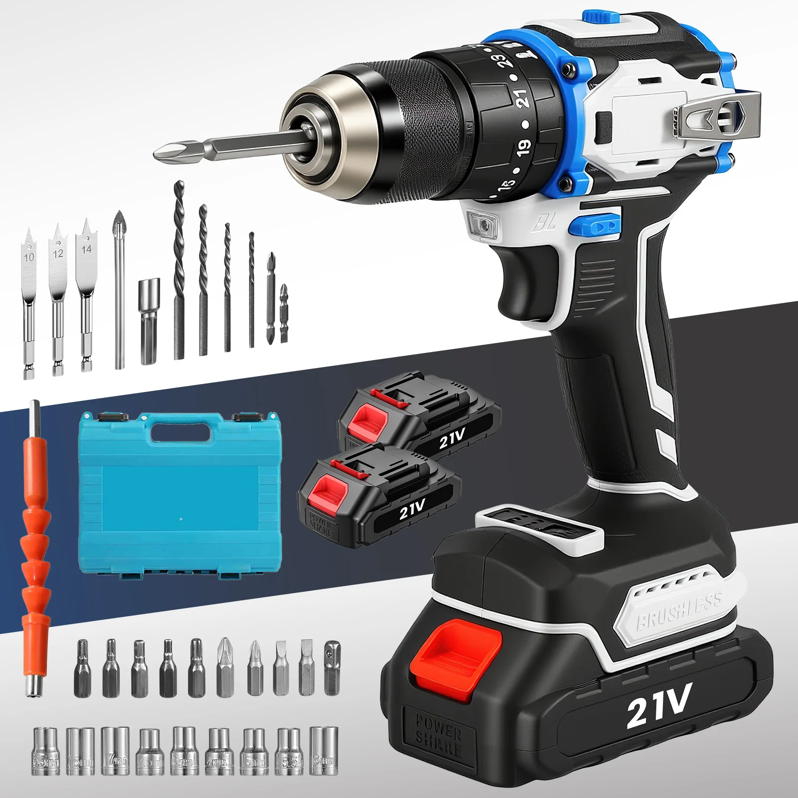 Taladro de impacto sin escobillas de 70N.m, 25+1 ajustes de torque, 2 velocidades 0-1800rpm, portabrocas metálico sin llave de 13mm con luz LED y placa de impacto, 3 en 1 para atornillar/perforar/impactar, para bricolaje