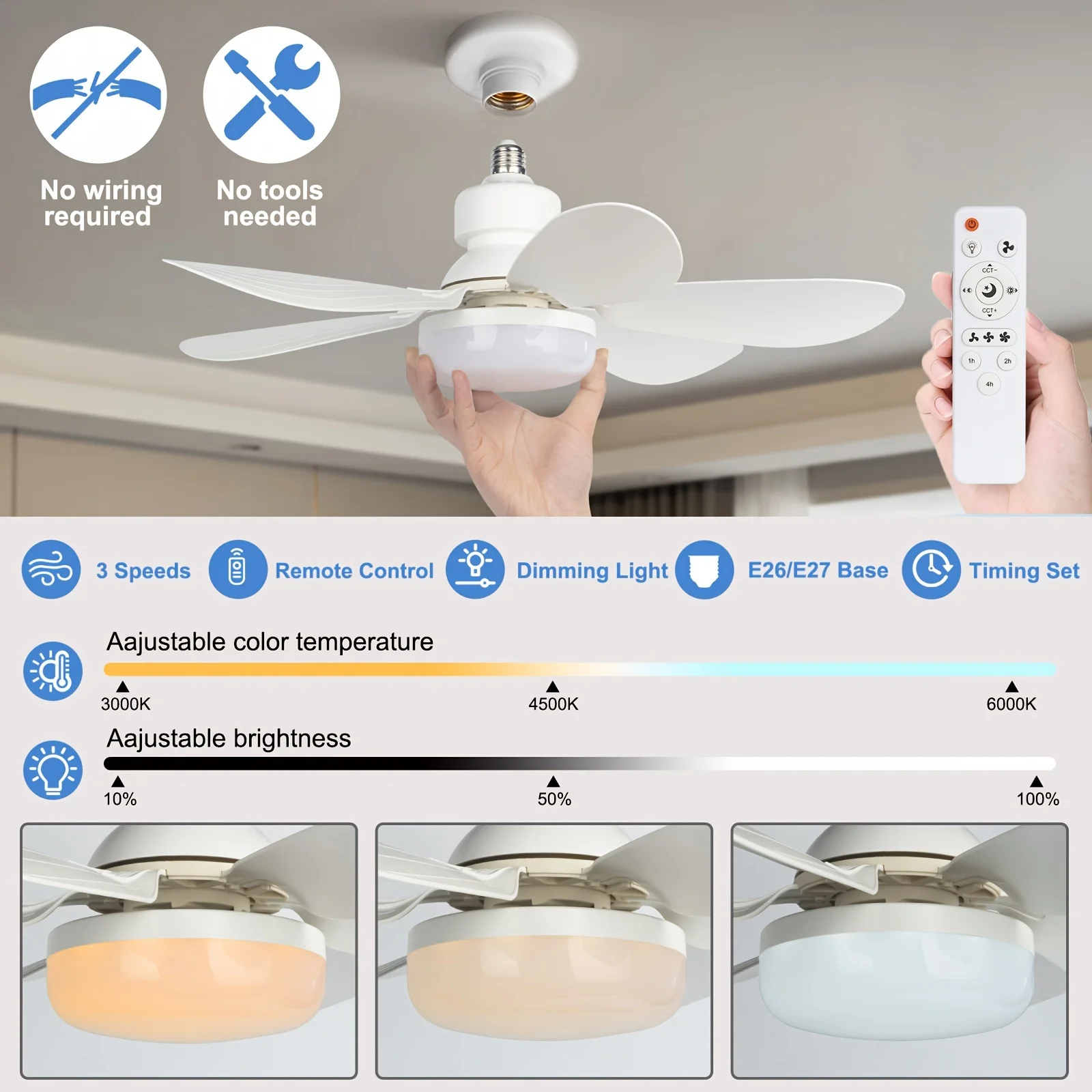 Socket Fan Light, 20.5in Small Ceiling Fan with LED, E26/27 Cordless Light Screw Fan for Kitchen Bedroom, Small Room