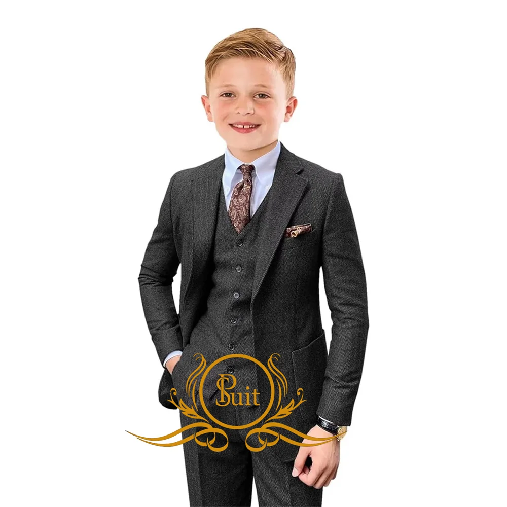 

Boys Herringbone Tweed Suit Slim Fit Jacket Pants Vest 3 Piece Wedding Tuxedo Kids Formal Dresswear Set