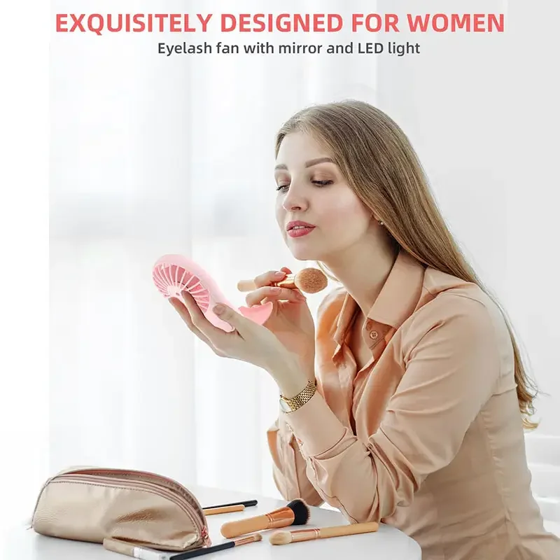휴대용 핸드헬드 선풍기 LED 메이크업 미러, USB 충전식, 여행 및 실내용 3 풍속 미니 선풍기